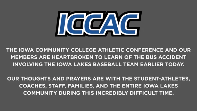 ICCAC logo on gray background with heartfelt message expressing sorrow for a bus accident involving the Iowa Lakes baseball team.