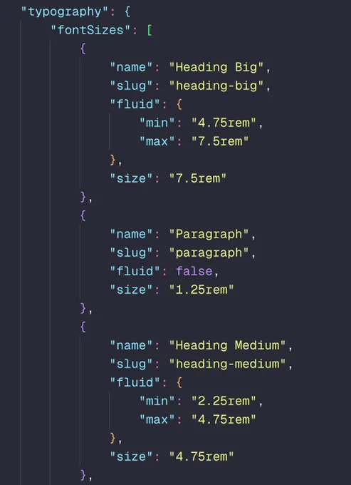 WordPress theme.json export example for font sizes