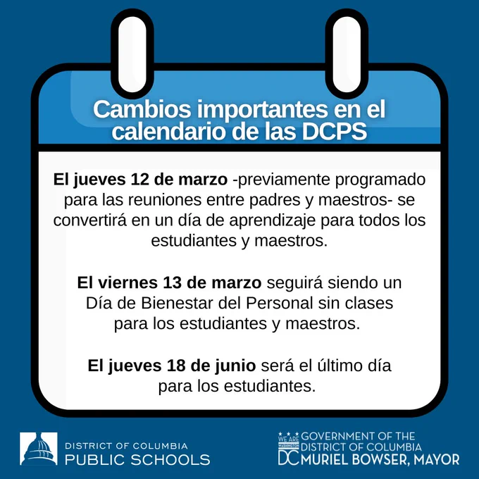 A graphic outlining new calendar adjustments for DC Public Schools: 

March 12 is now an instructional day for students. 

March 13 will remain a Wellness Day with no school for students or teachers. 

June 18 will be the last day of school for students. 