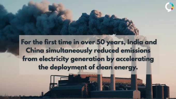 An image of a factory spewing smoke with the text, “For the first time in over 50 years, India and China simultaneously reduced emissions from electricity generation by accelerating the deployment of clean energy.”