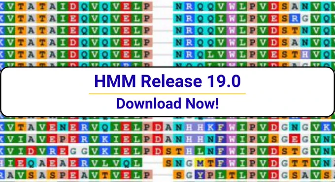 Background of colorful squares with DNA base pair letters represented in the squares. Text says: HMM Release 19.0. Download now!