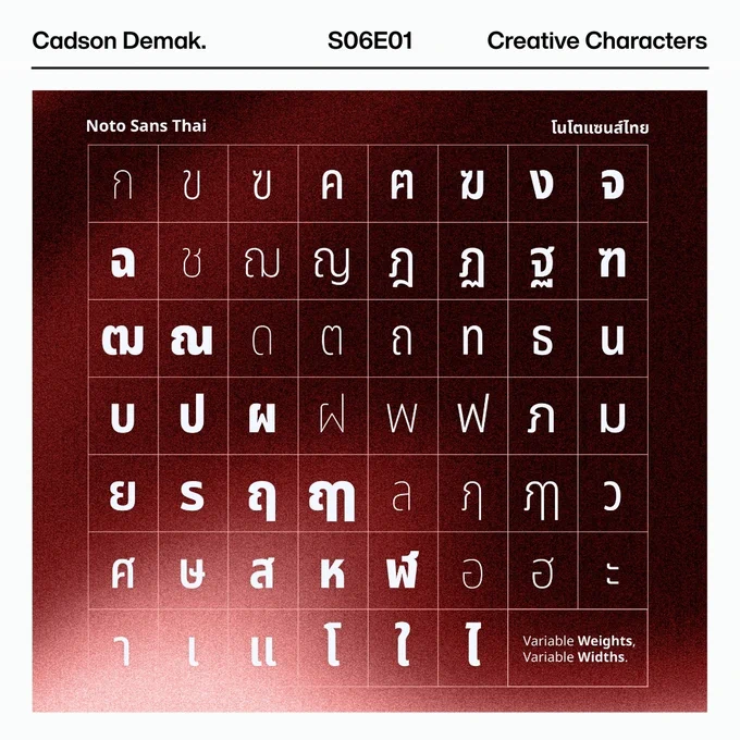 Slide for Creative Characters podcast Season 6 Episode 1, featuring Cadson Demak. This slide contains a grid showcasing the Thai characters of the Noto Sans Thai font. The grid demonstrates the font's variable weights and widths. Text and grid are in white on a varied background that fades from dark to light.
