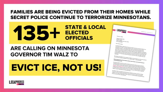 A colorful graphic highlight a sign-on letter effort by Local Progress to demand an eviction moratorium in Minnesota