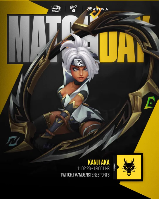 Match announcement graphic featuring Qiyana, the match info from the tweet and the logos for our sponsors 