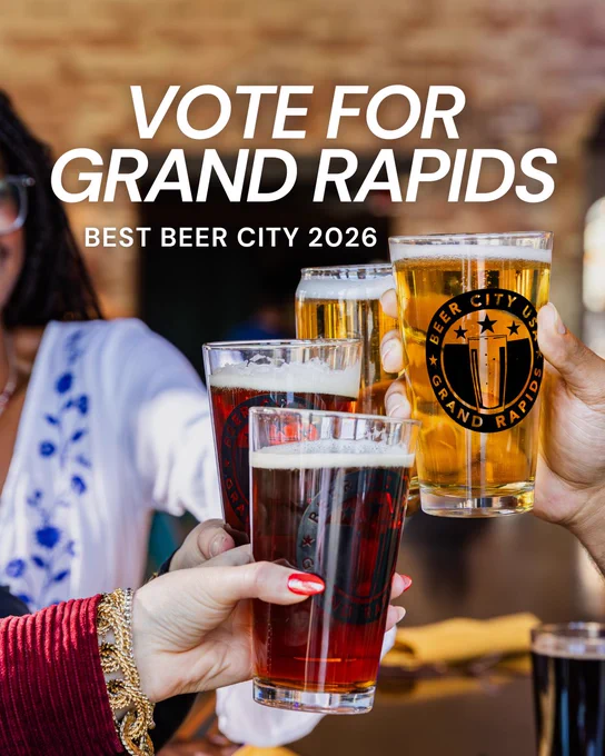 Four people toast with beer glasses, each bearing the "Beer City Grand Rapids" logo. The text above reads, "Vote for Grand Rapids Best Beer City 2026."
