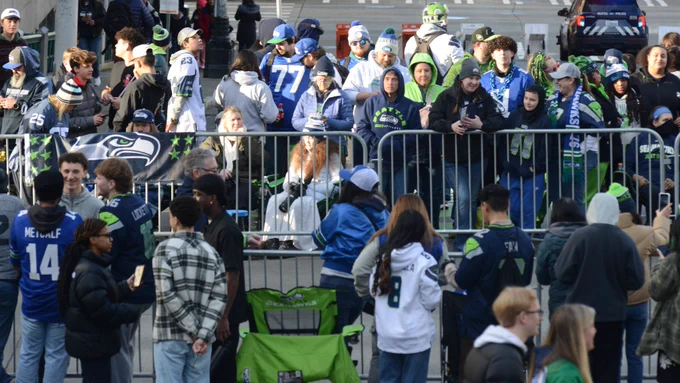 Seahawks fans line 4th Avenue at James Street.
