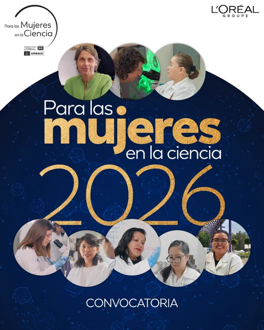 Anuncio para la convocatoria "Para las Mujeres en la Ciencia 2026" con fotos de las ganadoras de la edición 2025.