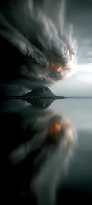 Atmospheric density test. The volumetric clouds interacting with the terrain create a sense of immense scale. Note the specular reflection on the water surface—perfectly calm amidst the chaotic sky. A masterclass in environmental mood and tone mapping.