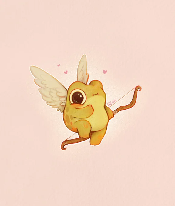 tiny cute frog cherub valentine's day artwork of a frog with tiny wings holding a wooden bow art by chetom