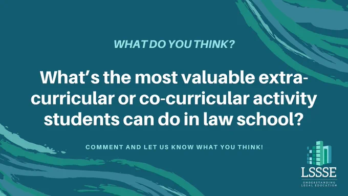A teal and dark green graphic with abstract brushstroke patterns in the corners. The center text reads: “What do you think? What’s the most valuable extra-curricular or co-curricular activity students can do in law school?” Below, smaller text says: “Comment and let us know what you think!” In the bottom right corner is the LSSSE logo with the tagline “Understanding Legal Education.”