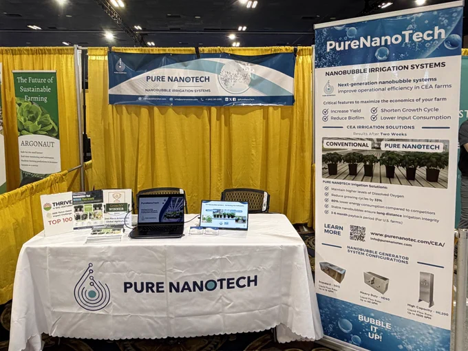 PureNanoTech team exhibiting nanobubble irrigation technology at Indoor Ag-Con 2026, highlighting solutions to increase crop yield, shorten growth cycles, and improve dissolved oxygen in CEA farms.
