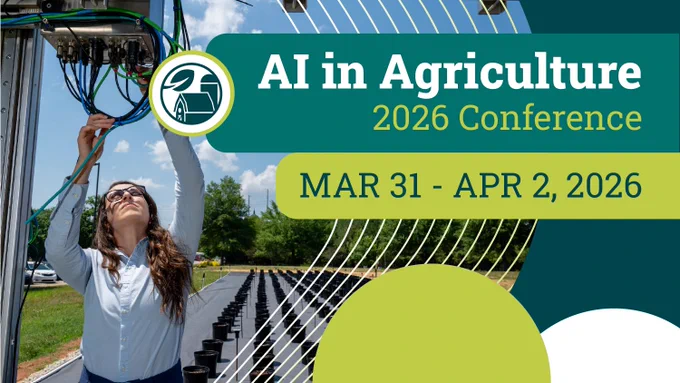 Woman adjusting agricultural drone equipment in a field promoting the AI in Agriculture 2026 Conference from March 31 to April 2.