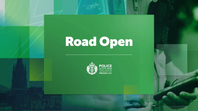 Green Police Scotland graphic displaying the words ‘Road Open’, with abstract layered shapes in the background and the Police Scotland logo.