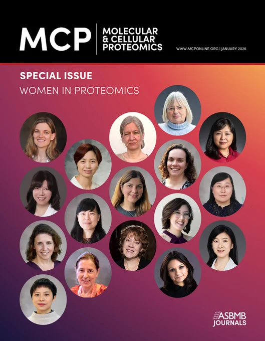 Cover of Molecular & Cellular Proteomics special issue featuring portraits of women scientists in proteomics against a colorful gradient background.