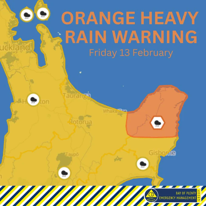 Orange Heavy Rain Warning in place for Bay of Plenty east of Opotiki. Yellow Heavy Rain Watch in place for Bay of Plenty west of Opotiki.