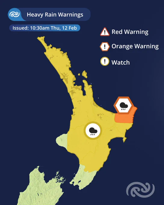 Map of the North Island of New Zealand with much of the island shaded in yellow showing a heavy rain watch and an orange region over the eastern Bay of Plenty and Northern Tairawhiti showing the region covered by a heavy rain warning. 