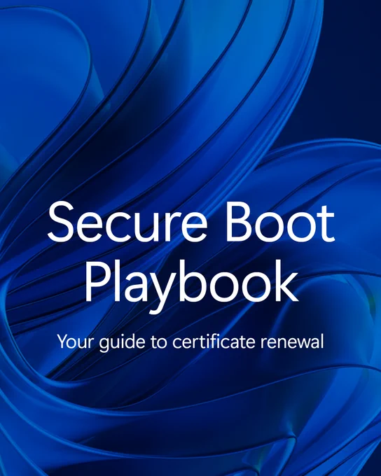 Graphic with swirling blue abstract shapes in the background and white text that reads: \u2018Secure Boot Playbook \u2013 Your guide to certificate renewal.