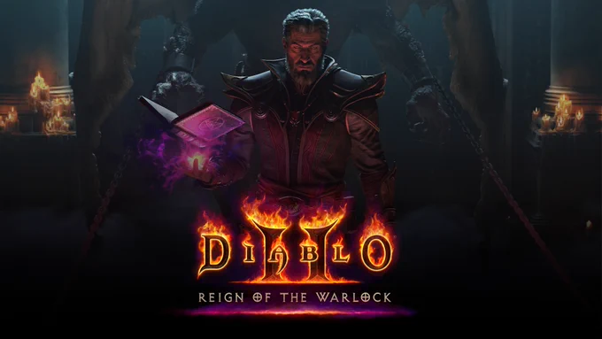 A bearded man stands in a dimly lit stone chamber surrounded by fog and glowing runes on the ground. The man levitates an open book with purple magic radiating from his hand while wearing dark robes and armor over his shoulders. Behind him is a massive winged demon with curved horns, bound by chains and looming threateningly. Candles flicker along the walls behind them both.