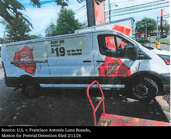 Image of the Home Depot van law enforcement stopped.

Source: U.S. v. Francisco Antonio Luna Rosado, Motion for Pretrial Detention filed 2/11/26