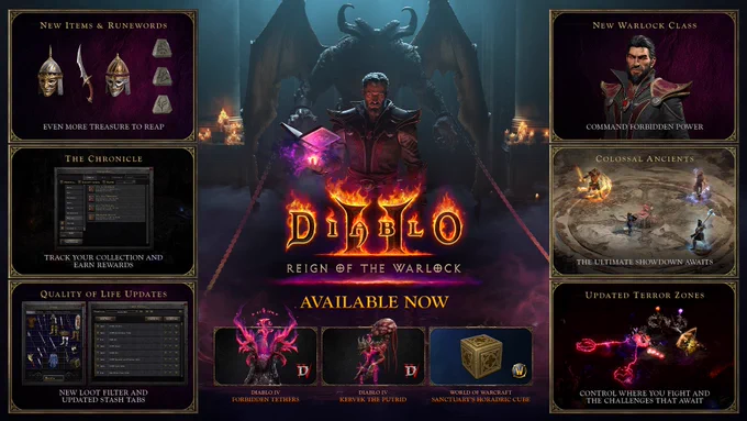 A Warlock stands in a dark chamber holding a glowing spellbook while a massive horned demon looms behind him in chains. Text reads \u201CDiablo II: Reign of the Warlock \u2014 Available Now.\u201D Surrounding the center image are panels showing new content: New Items and Runewords, The Chronicle collection tracker, Quality of Life updates with loot filter and stash improvements, the new Warlock class, Colossal Ancients, Updated Terror Zones, and bonus cosmetics including Diablo IV items and a World of Warcraft Horadric Cube.