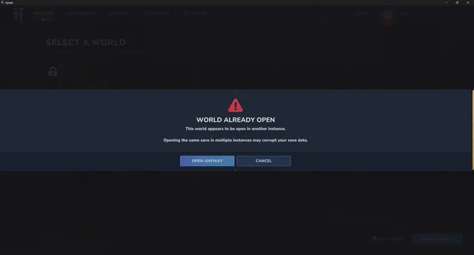 Hytale client displaying "World already open" warning when you try and open the same save-game in multiple clients