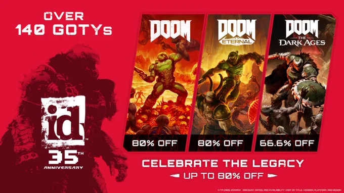 Image celebrating the 35th Anniversary of id Software showcasing the modern DOOM trilogy of games with the txt \"OVER 180 GOTYS\" and for DOOM: The Dark Ages it reads \"66.7% OFF\".
