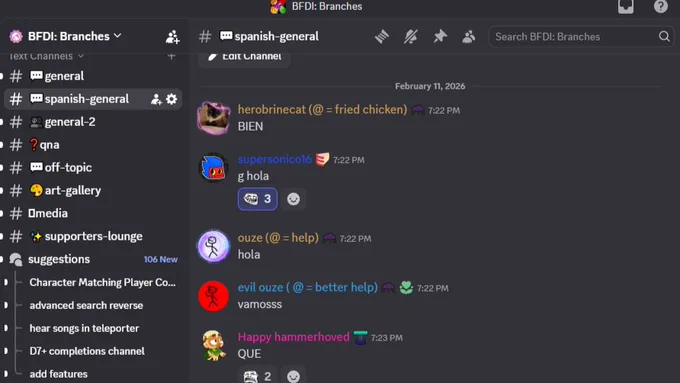 Captura de pantalla del canal #spanish-general con usuarios diciendo "BIEN", "g hola", "hola", "vamosss" y "QUE".

Screenshot of #spanish-general channel with users saying "BIEN", "g hola", "hola", "vamosss", and "QUE".