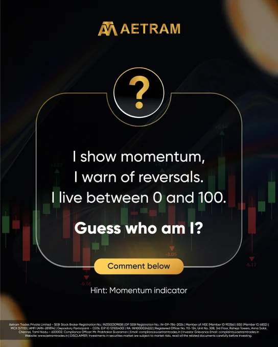 Dark-themed trading graphic with candlestick charts in the background and a question prompt asking users to identify a momentum-based technical indicator commonly used by traders.