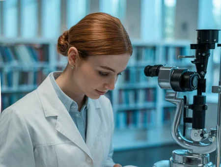 medical person sitting at slit lamp in a library or study setting
