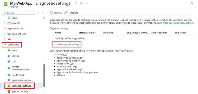Screenshot that shows selections for displaying diagnostic settings and adding a diagnostic setting.