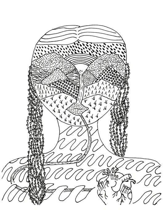 A woman's portrait of a woman drinking water from a waterfall, the water nurtures her heart. This is a 1/1 NFT hand drawing by Gina Baruch. The Art piece depicts elements from nature, such as mountains, plants, waves, a waterfall, and a rainbow. 