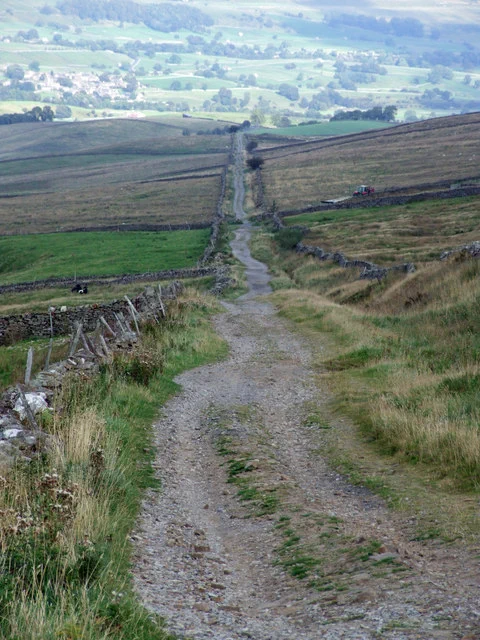 The image shows the Cam High Road, which is a well-preserved ancient Roman road located in the Yorkshire Dales National Park. It runs between Bainbridge, the site of a former Roman fort, and Ingleton. 
Today, this historic route is utilised by walkers, horse-riders, mountain bikers, and recreational vehicle users. The road is known for its rigidly straight alignment and is edged by traditional stone walls, offering scenic views over the surrounding fells and valleys. In 1751, this track became part of the turnpike road from Richmond to Lancaster before a new route was constructed in 1795. 