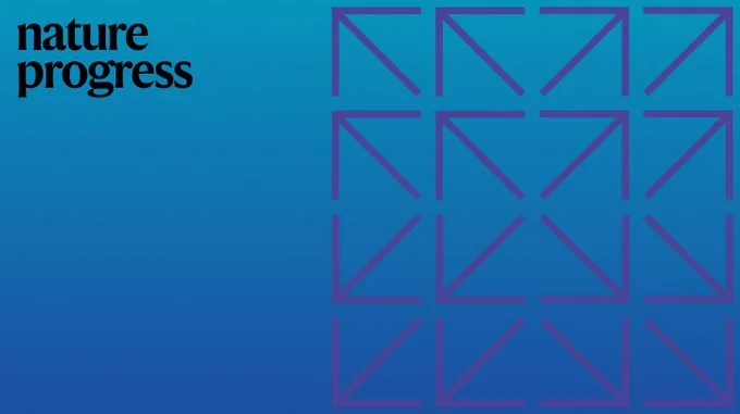 The image shows the words \"nature progress\" in black text on a blue background that fades from light to dark. A pattern of purple arrow-like shapes makes up a grid on the right side of the image.