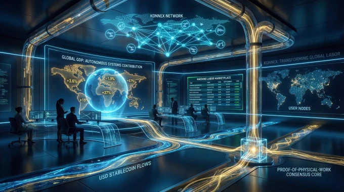 Promotional artwork for Konnex showing ultra realistic futuristic economic command center with massive holographic global GDP visualization showing autonomous systems contributing to world economy, professional economists and roboticists visible as silhouettes analyzing data at curved workstations, Konnex network visualized as pulsing neural network connecting robotic fleets across continents, physical work transactions flowing as golden streams through transparent data tubes, Proof-of-Physical-Work consensus mechanism displayed as crystalline verification core, machine labor marketplace showing real-time task allocation and settlement, USD stablecoin flows represented as liquid currency rivers, 30,000  user nodes glowing across world map, cinematic lighting with dramatic blue and gold hues reflecting off polished steel surfaces, 8k render quality, institutional economic infrastructure aesthetic with Konnex brand colors of deep navy and electric cyan, sense of machine economy transform
