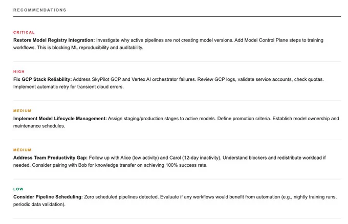 A structured list of recommendations addressing model registry integration, GCP stack reliability, project management, and team productivity.