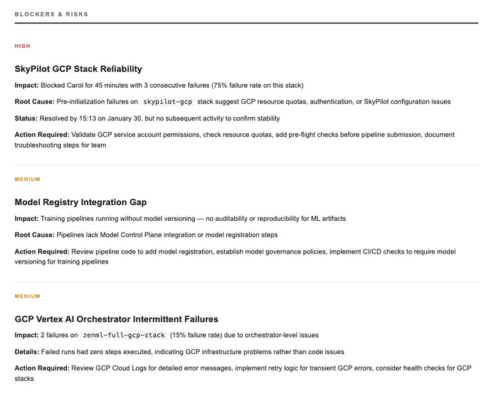 Draft text outlines high and medium priority technical risks regarding GCP stack reliability and model integration issues.