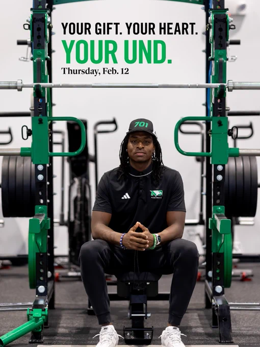Your Gift. Your Heart. Your UND. 

Giving Hearts day graphic featuring UND Football Student-Athlete, Deng Deng in weight room. 