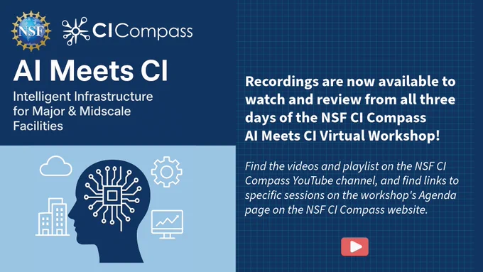 This image includes lots of text, but also includes the AI Meets CI image of the side profile of a human head in dark blue, on a light blue background. Within the head is an illustration of a microchip/processor with lots of outgoing connections. Around the head, against the light blue background, are symbols of security, cloud, and computer imagery.

The text on the image reads:

On the left side: NSF CI Compass - AI Meets CI - Intelligent Infrastructure for Major & Midscale Facilities

On the right side: Recordings are now available to watch and review from all three days of the NSF CI Compass AI Meets CI Virtual Workshop!

Find the videos and playlist on the NSF CI Compass YouTube channel, and find links to specific sessions on the workshop's Agenda page on the NSF CI Compass website. 