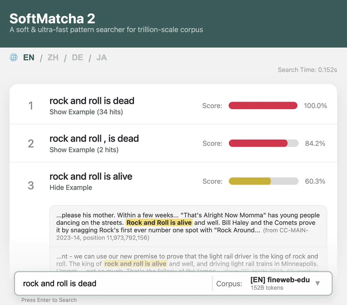 SoftMatcha 2 での用例検索：「rock and roll is dead」から「rock and roll is alive」がヒットしている様子