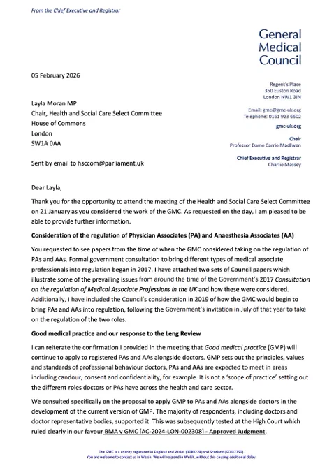 An image of the first page of a correspondence from the GMC - 21 January session follow-up. Read the full letter: https://committees.parliament.uk/publications/51629/documents/286039/default/