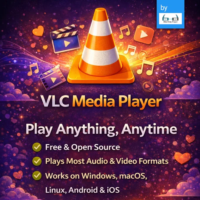 Promotional poster for VLC Media Player with a colorful, glowing background. At the center is the VLC traffic-cone logo in orange and white, sitting on an orange base. Around it are stylized media-related icons: two movie clapperboard icons with play symbols, an orange play-button square, several golden musical notes, and scattered heart shapes, all on a purple starry, cloud-like backdrop.

Near the top right corner, there is a small blue rectangle with text and a logo. The blue rectangle has the word:
by
Below it is a small white box with a logo and the text:
Blind Help Project

Large text in the middle reads:
VLC Media Player

Below that, larger white text says:
Play Anything, Anytime

Three feature lines are written underneath, each preceded by a green circle with a white check mark:
Free & Open Source
Plays Most Audio & Video Formats
Works on Windows, macOS,
Linux, Android & iOS