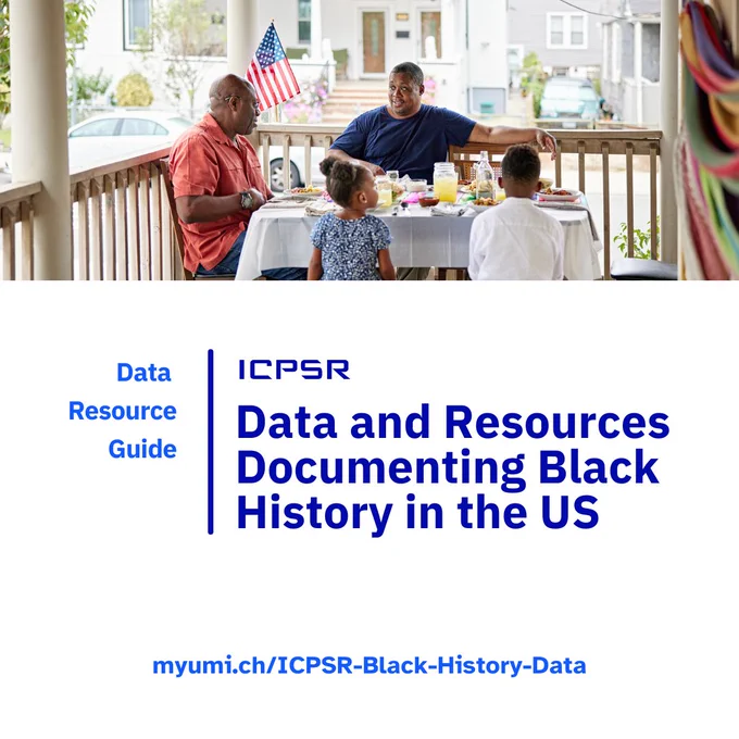 Image of an African-American family on a patio deck sharing a meal at a table, with an American flag in the background and the title of the resource guide called Data and Resources Documenting Black History in the US