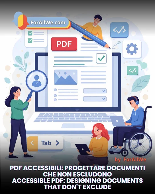 Illustrazione su accessibilità dei PDF: un grande laptop mostra un documento “PDF” con icone di check, immagine e liste. Attorno ci sono tre persone che interagiscono con il contenuto (una con lente d’ingrandimento, una con cuffie al computer, una su sedia a rotelle), e simboli di codice e impostazioni. In basso il testo: “PDF accessibili: progettare documenti che non escludono / Accessible PDF: designing documents that don’t exclude”.
Illustration about PDF accessibility: a large laptop displays a “PDF” document with check marks, an image placeholder, and bullet lists. Around it, three people engage with the content (one using a magnifying glass, one wearing headphones at a computer, one in a wheelchair), with code and settings icons nearby. Bottom text reads: “PDF accessibili: progettare documenti che non escludono / Accessible PDF: designing documents that don’t exclude”.
