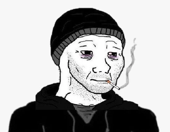 A “doomer” Wojak meme — tired, stubbled character in a beanie smoking, conveying burnout/exhaustion mood