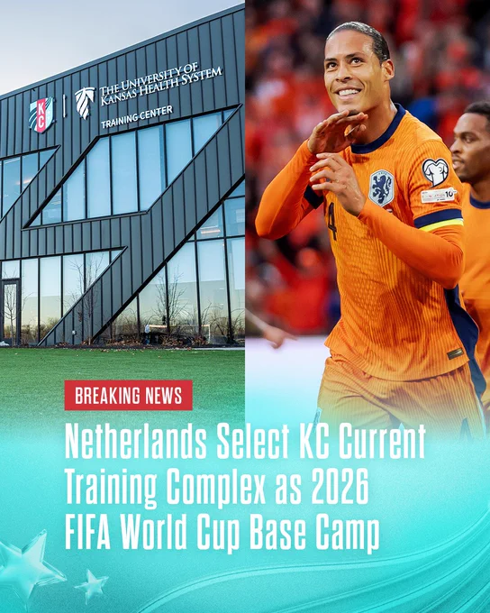 Breaking news graphic with photos of the KC Current Training Facility and Netherlands player Virgil Van Diijke with text that says, "Netherlands select KC Current training complex as 2026 FIFA World Cup base camp."