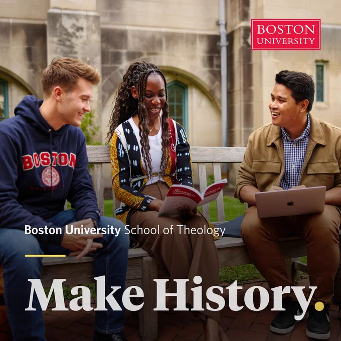 A slide show of 5 graphics with photos of students and faculty, and scenes at Boston University. There is white text across the bottom of each graphic 1.Make History 2.Justice Minded Leadership 3.Queer Theology 4.Accessibly Online 5.Contact Us.