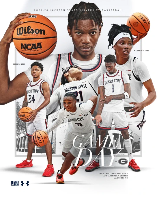 Promotional poster for Jackson State University Basketball 2025-26 season. Features several players in Jackson State uniforms with basketballs, showcasing dynamic poses and expressions. Includes logos for Wilson, NCAA, and Under Armour. Text highlights game day at Lee E. Williams Athletics and Assembly Center in Jackson, MS.
