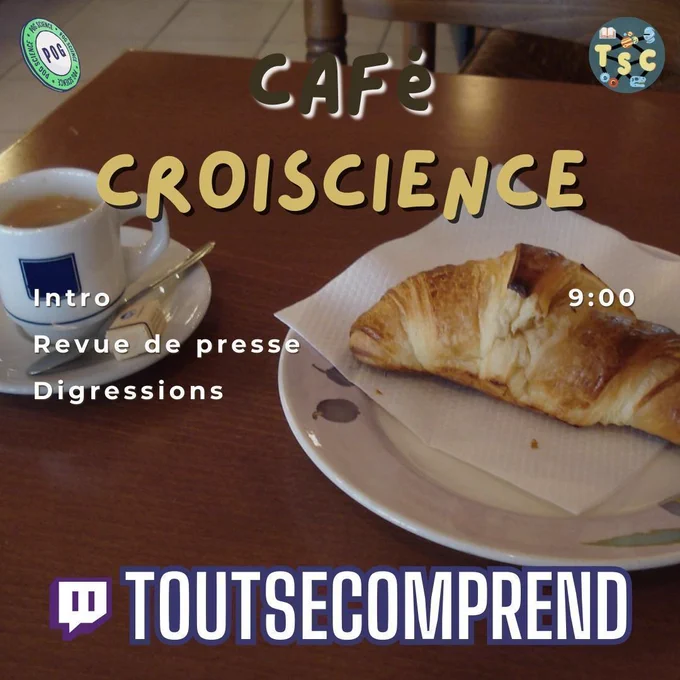 Une tasse de café, croissant sur assiette, table en bois, logos, texte "CAFÉ CROISCIENCE", tons chauds, lumière douce, ambiance matinale, vue rapprochée, style graphique.
