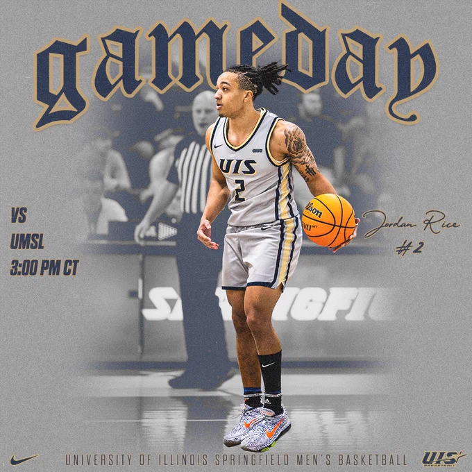 Game day graphic featuring a UIS men’s basketball player, Jordan Rice (#2), dribbling a basketball on the court. The word “Gameday” appears large across the top. Text on the left reads “vs UMSL, 3:00 PM CT.” The background shows a blurred game scene, and the bottom reads “University of Illinois Springfield Men’s Basketball.”