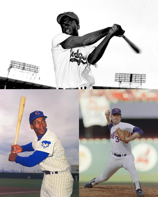 A 3-pic collage of Jackie Robinson (Top), Ernie Banks (Bottom Left), Nolan Ryan (Bottom Right). Robinson is wearing a home white Dodgers uniform and dark blue cap while he swings a bat. Ernie Banks poses in his batting stance. He wears a white pinstriped Cubs uniform and a blue cap. Nolan Ryan throws a pitch. He wears a white Rangers uniform and a blue cap.